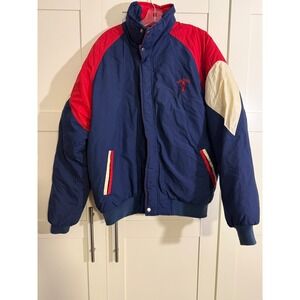 Seagrams 7 Crown Vintage Bomber Jacket Red Blue White Nylon Mens Size L